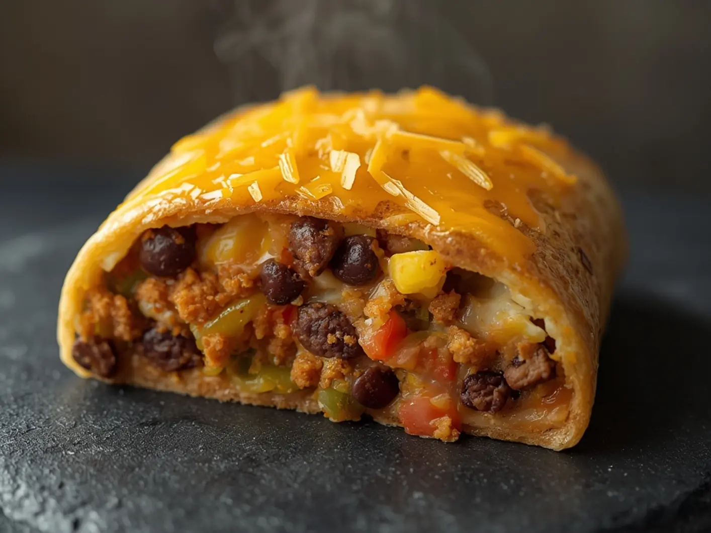 Air Fryer Breakfast burrito bowl: A close-up of a golden-brown air fryer breakfast burrito bowl with fluffy eggs, black beans, melted cheese, and colorful peppers in a skillet.