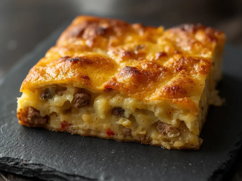 Air Fryer Breakfast casserole: Golden brown air fryer breakfast casserole slice with melted cheese and sausage chunks on a plate.