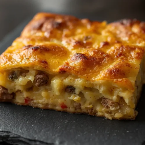 Air Fryer Breakfast casserole: Golden brown air fryer breakfast casserole slice with melted cheese and sausage chunks on a plate.