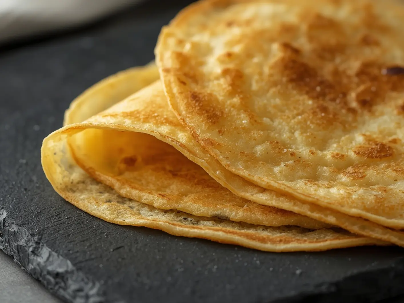 Air Fryer Breakfast crepes: Golden brown air fryer breakfast crepes with crispy edges on a plate, ready to be filled.