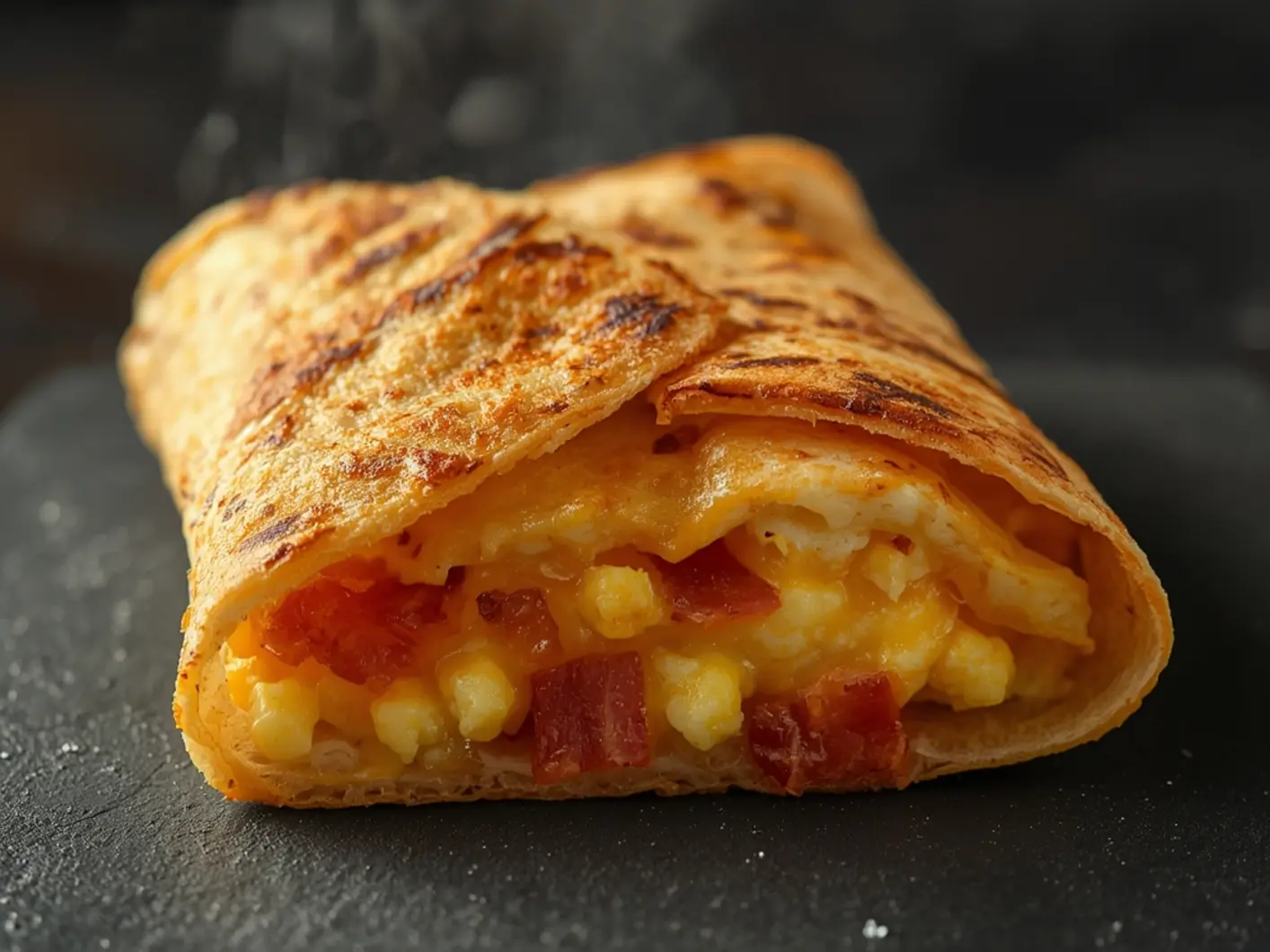Air Fryer Breakfast Crunchwrap Hack: Golden crispy Air Fryer Breakfast Crunchwrap Hack with melted cheese and scrambled eggs inside.
