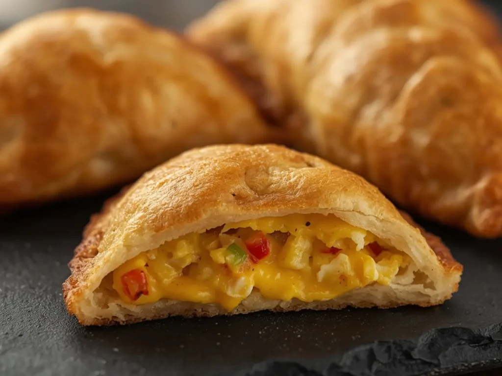 Air Fryer Breakfast empanada: Golden air fryer breakfast empanadas with flaky crust and visible egg and cheese filling on a rustic board.