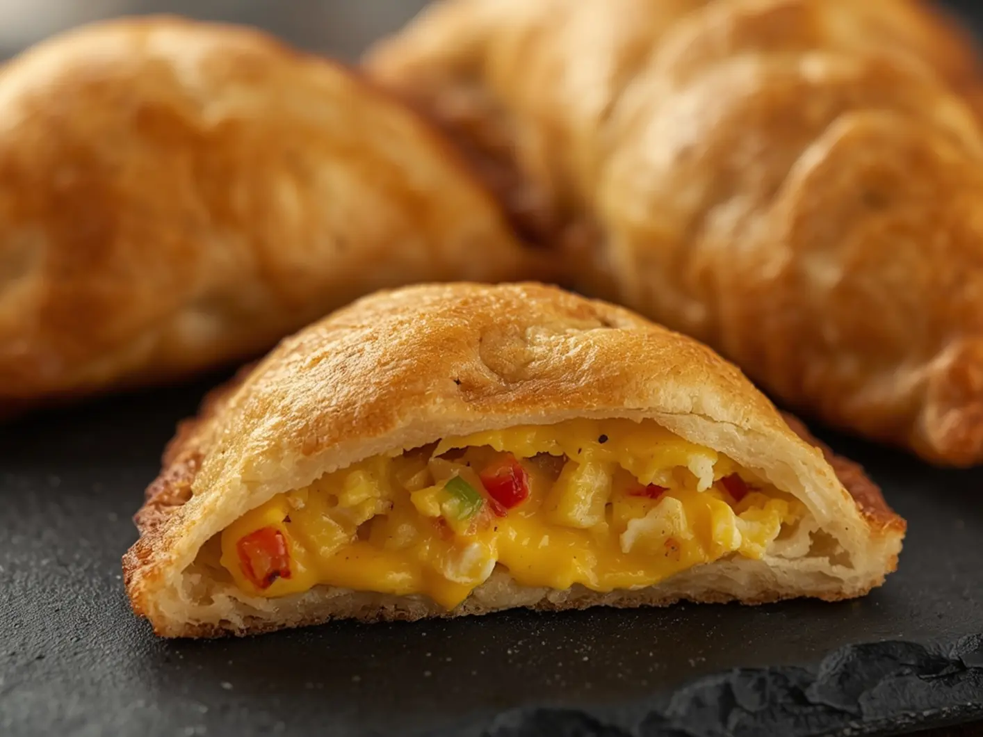 Air Fryer Breakfast empanada: Golden air fryer breakfast empanadas with flaky crust and visible egg and cheese filling on a rustic board.