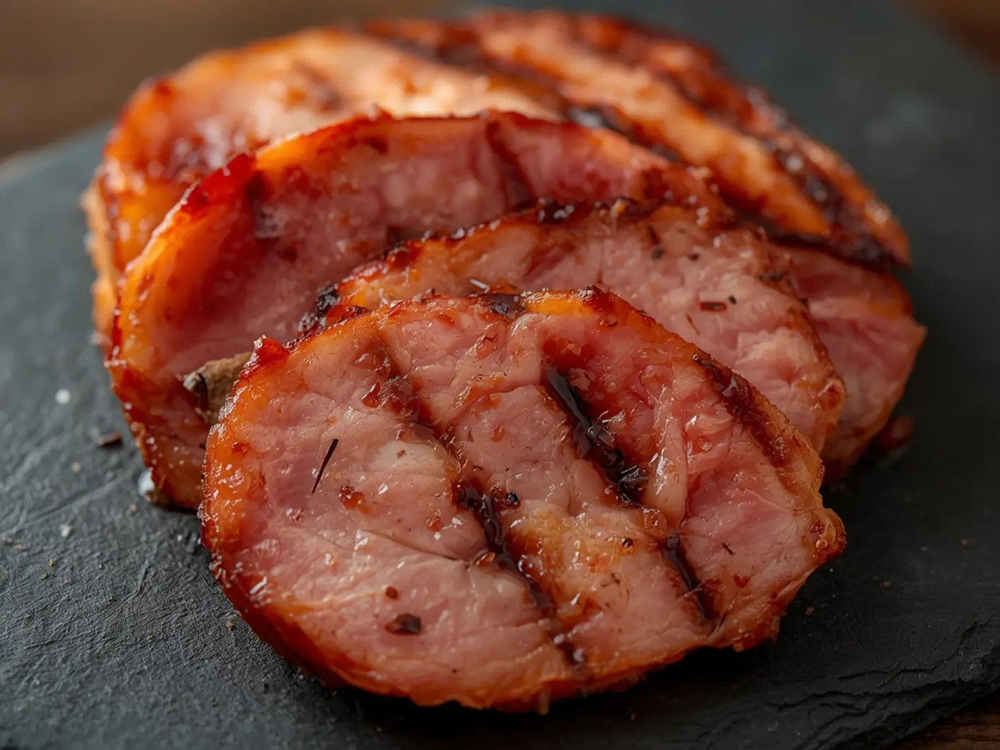 Air Fryer Breakfast ham: Crispy golden air fryer breakfast ham slices with juicy pink centers and caramelized edges on a tray.