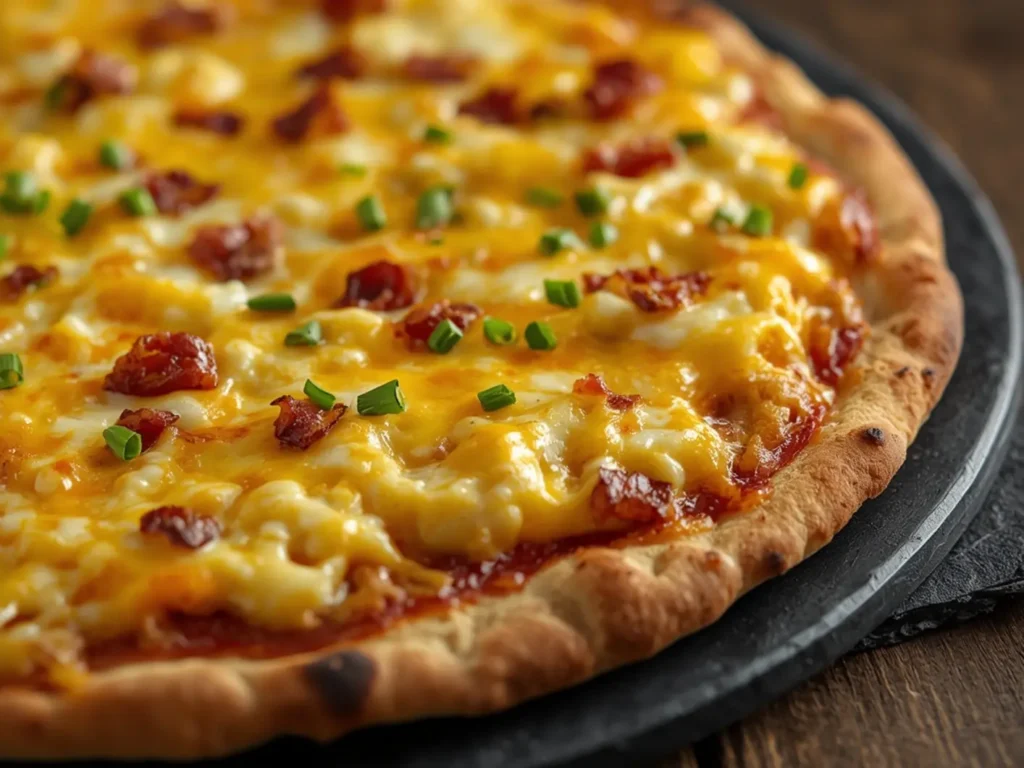 Air Fryer Breakfast pizza: Crispy air fryer breakfast pizza with melted cheese, fluffy eggs, and bacon toppings