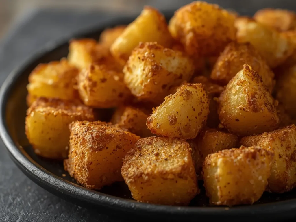 Air Fryer Breakfast potatoes: Close-up of crispy golden air fryer breakfast potatoes with fluffy interior and seasoning.