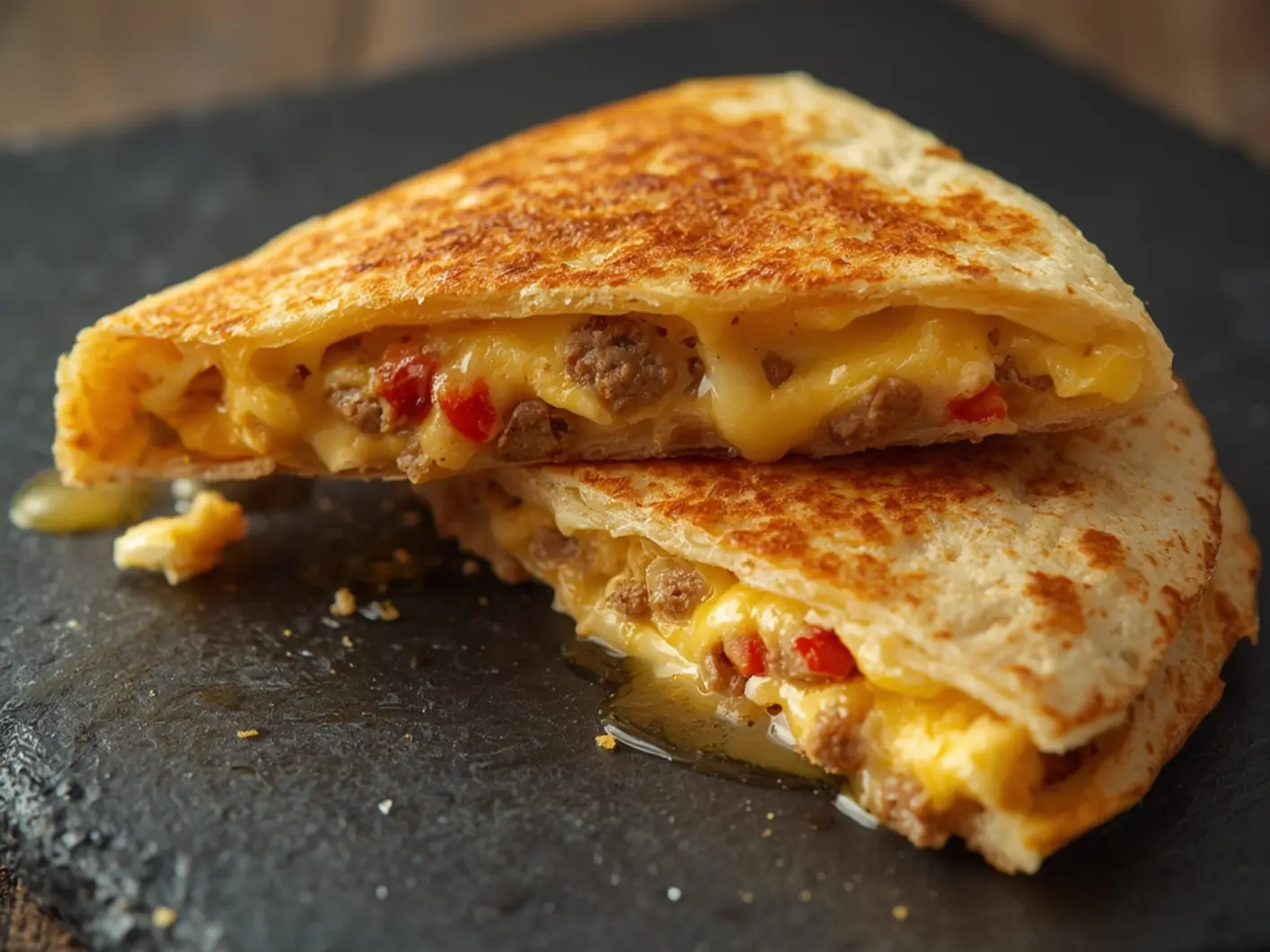 Air Fryer Breakfast quesadilla: Golden crisp air fryer breakfast quesadilla with melted cheese and egg filling on a plate