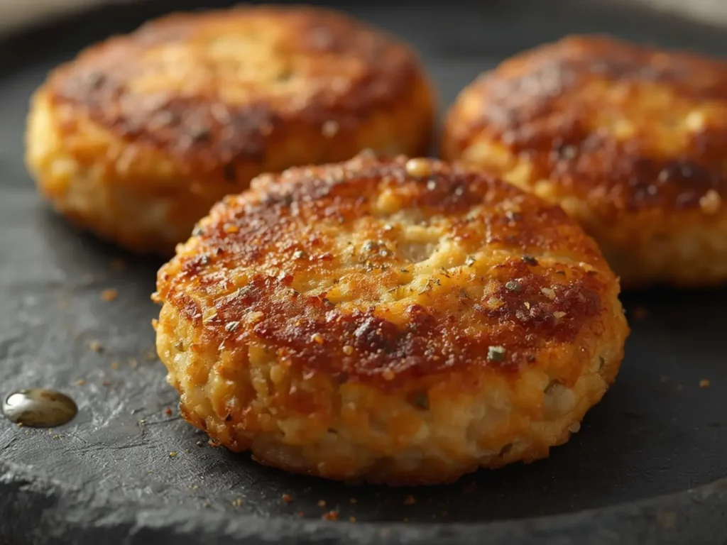 Air Fryer Breakfast sausage patties: Juicy golden brown homemade breakfast sausage patties made in the air fryer with visible herbs