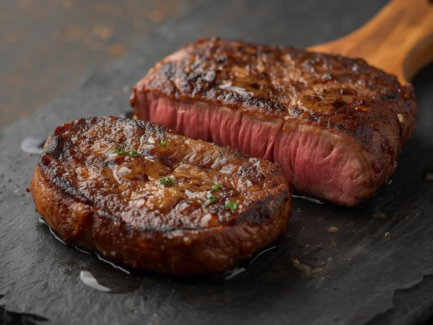 Air Fryer Breakfast steak: Sliced air fryer breakfast steak with a golden crust and pink center, topped with butter.