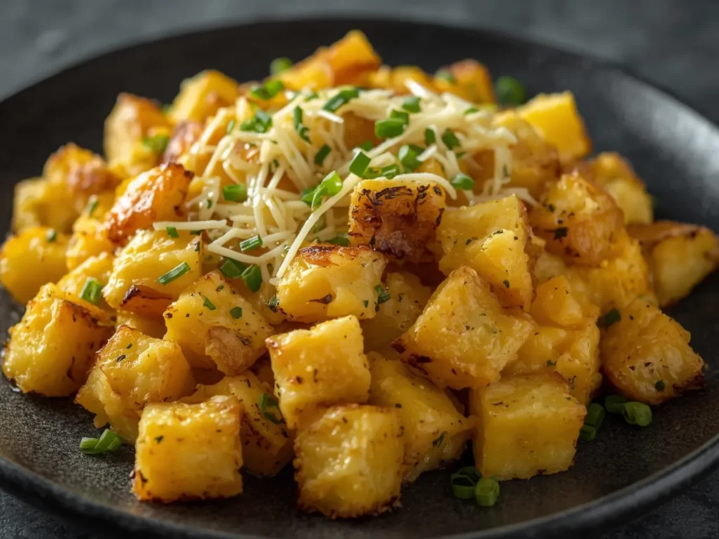 Air Fryer Breakfast stir fry: Crispy golden potatoes and fluffy scrambled eggs mixed in an air fryer basket, topped with melted cheese and fresh chives.