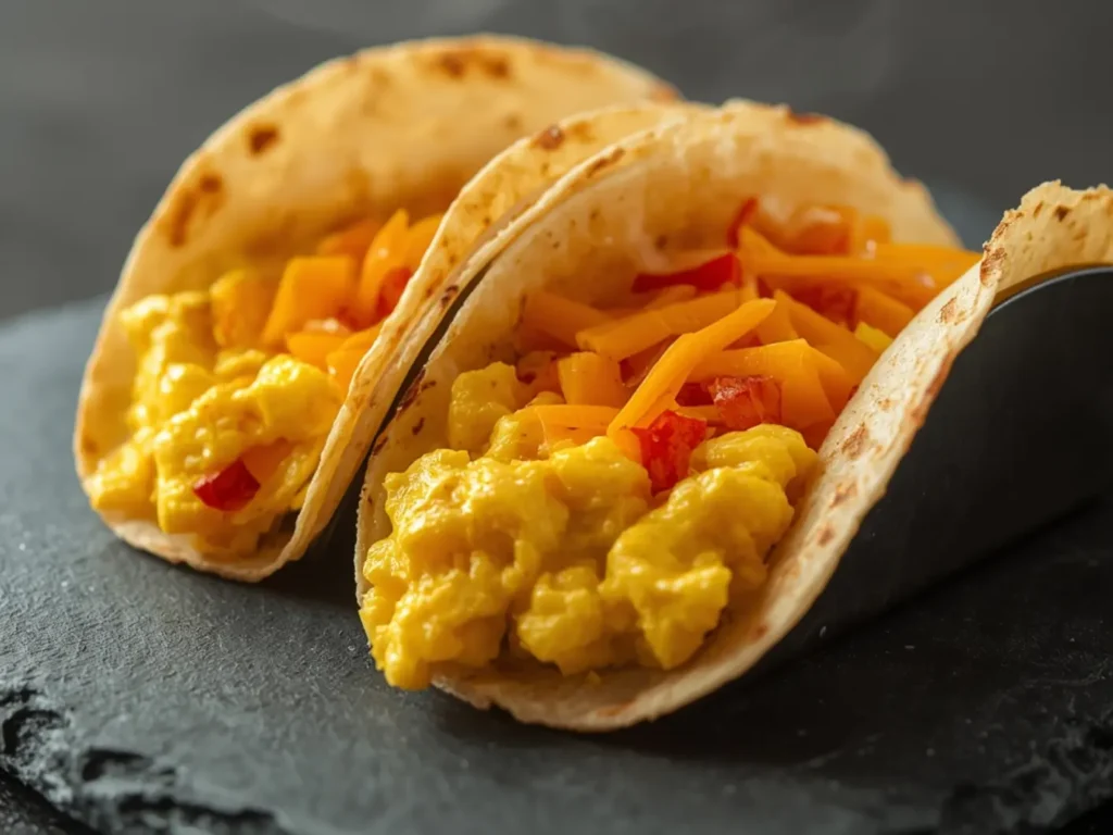Air Fryer Breakfast tacos: Crispy golden air fryer breakfast tacos filled with fluffy eggs and melted cheese on a rustic wood surface