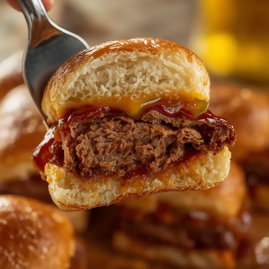 air fryer brisket sliders: Air fryer brisket sliders with glossy meat and melted cheese on soft buns