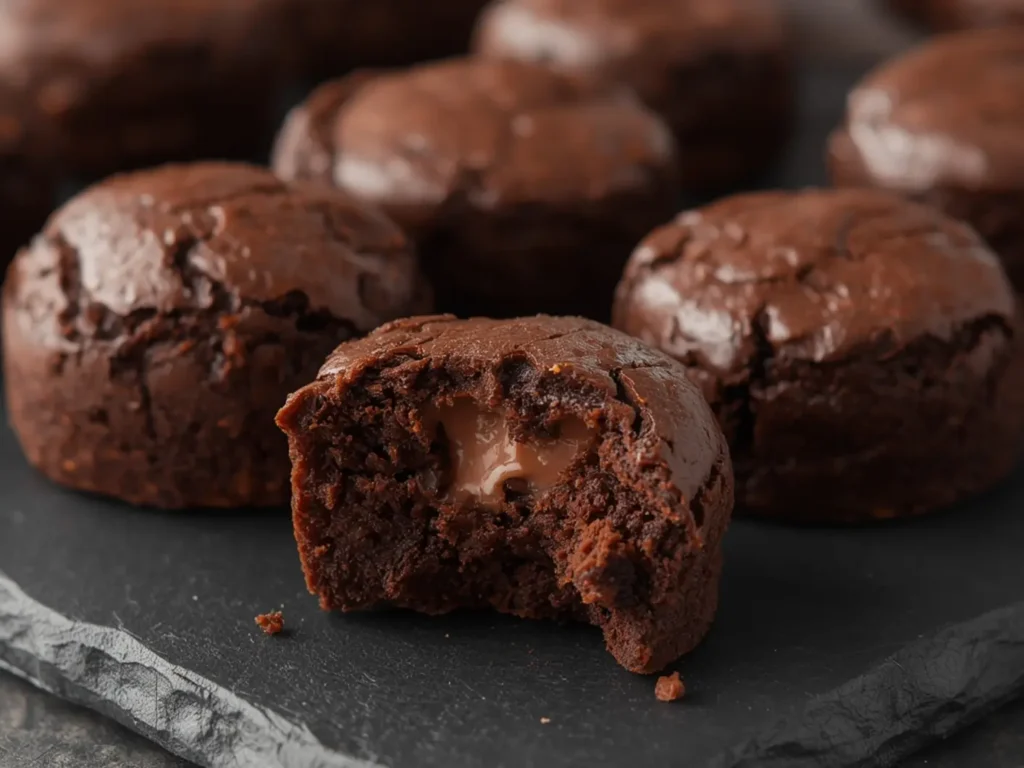 Air Fryer Brownie bites: Fudgy air fryer brownie bites with glossy tops and chocolate chunks on a close-up view.