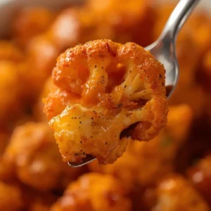 Air Fryer Buffalo Cauliflower: Crispy golden air fryer buffalo cauliflower florets coated in glossy orange sauce.