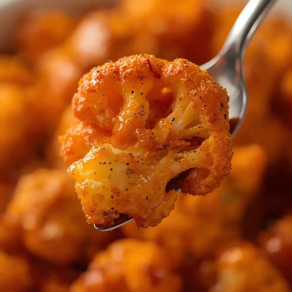 Air Fryer Buffalo Cauliflower: Crispy golden air fryer buffalo cauliflower florets coated in glossy orange sauce.