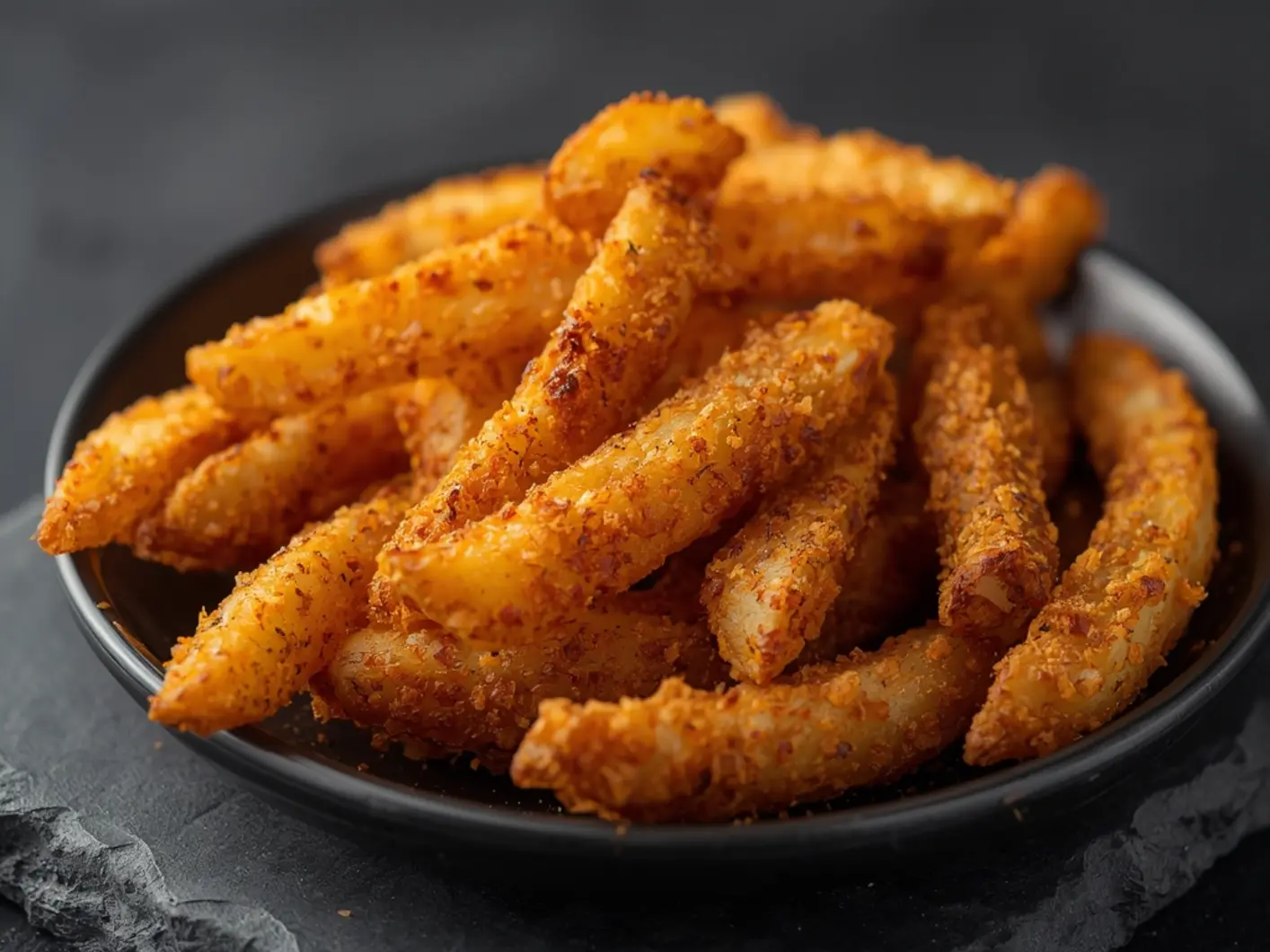 Air Fryer Cajun fries: Crispy golden Air Fryer Cajun fries with seasoned coating on a close-up view.