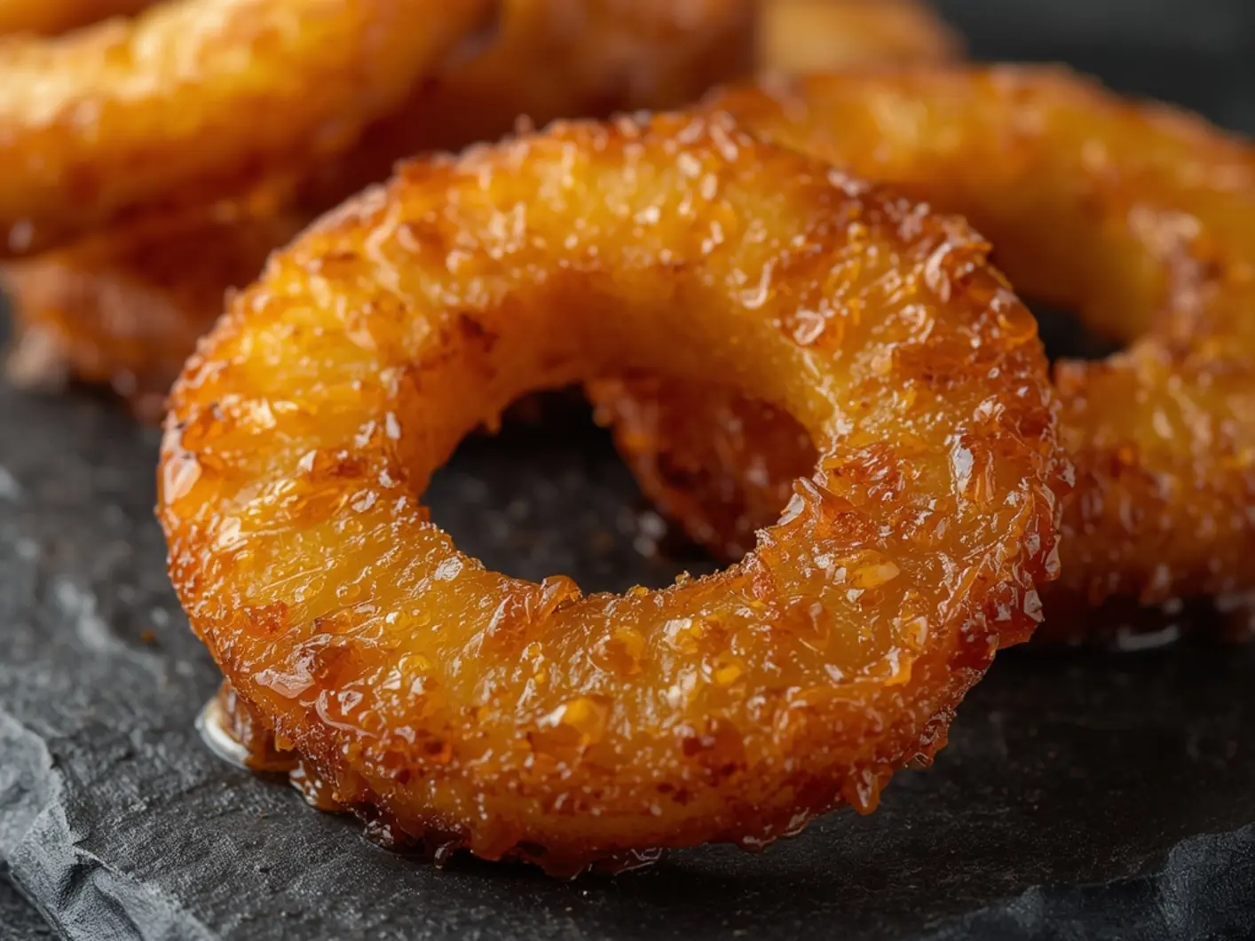 Air Fryer Caramelized Pineapple Rings: Close-up of golden air fryer caramelized pineapple rings with glistening brown sugar crust and juicy yellow interior.