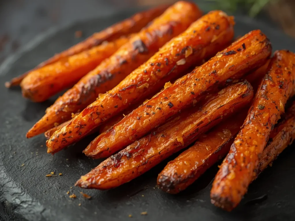 Air Fryer Carrot sticks: Golden brown crispy air fryer carrot sticks piled high on a plate with a dusting of seasoning.