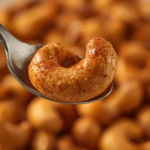 air fryer cashews spiced: Close-up of golden spiced cashews in air fryer basket, coated in paprika and cumin, crunchy texture visible.