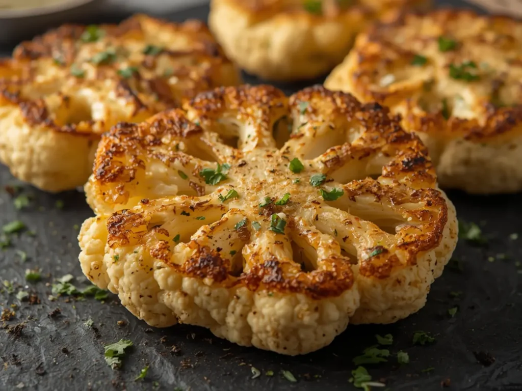 Air Fryer Cauliflower steaks: Golden brown air fryer cauliflower steaks with crispy edges and fresh parsley garnish on a white plate.