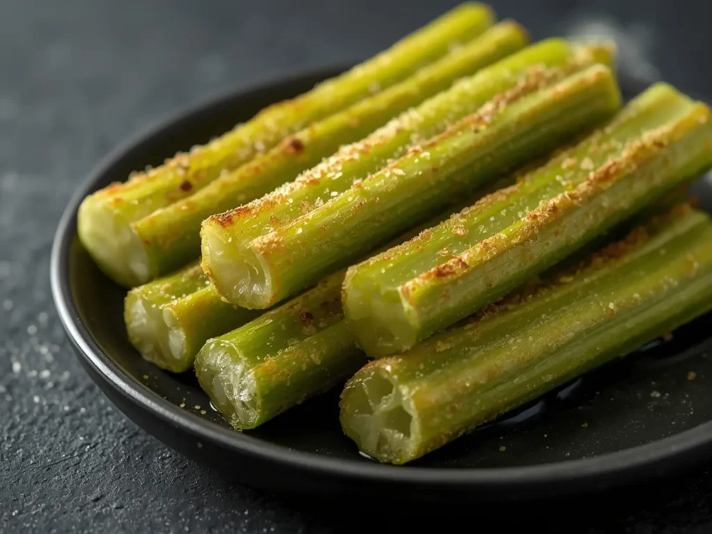 Air Fryer Celery sticks: Crispy golden air fryer celery sticks with garlic seasoning close-up