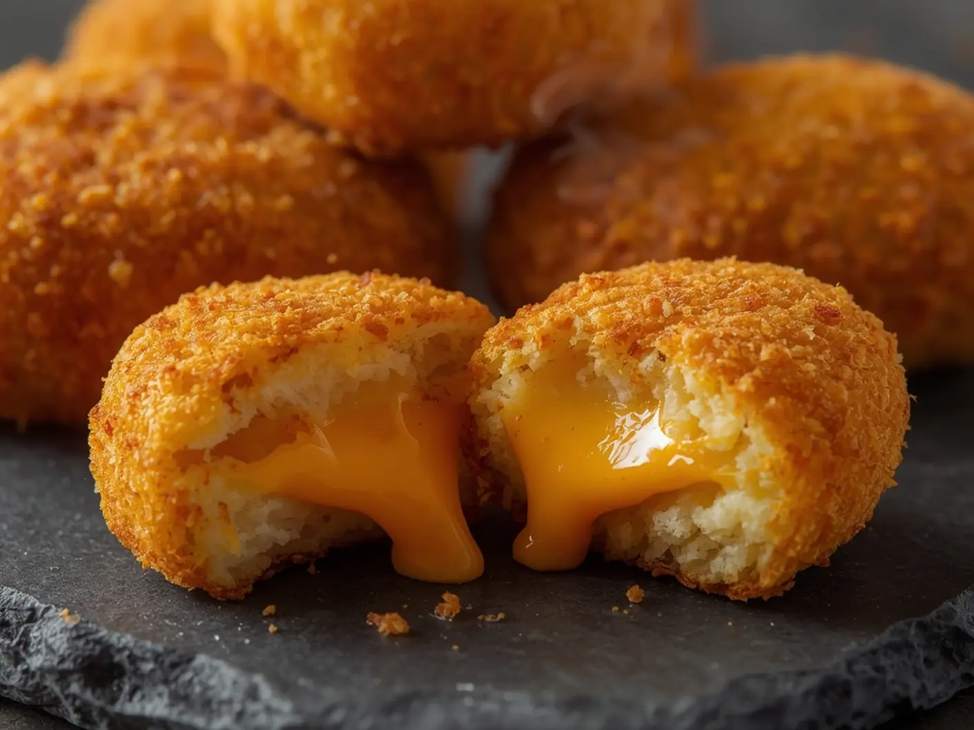 Air Fryer Cheese croquettes: Golden brown cheese croquettes on a plate with a crunchy panko coating and melted cheddar center