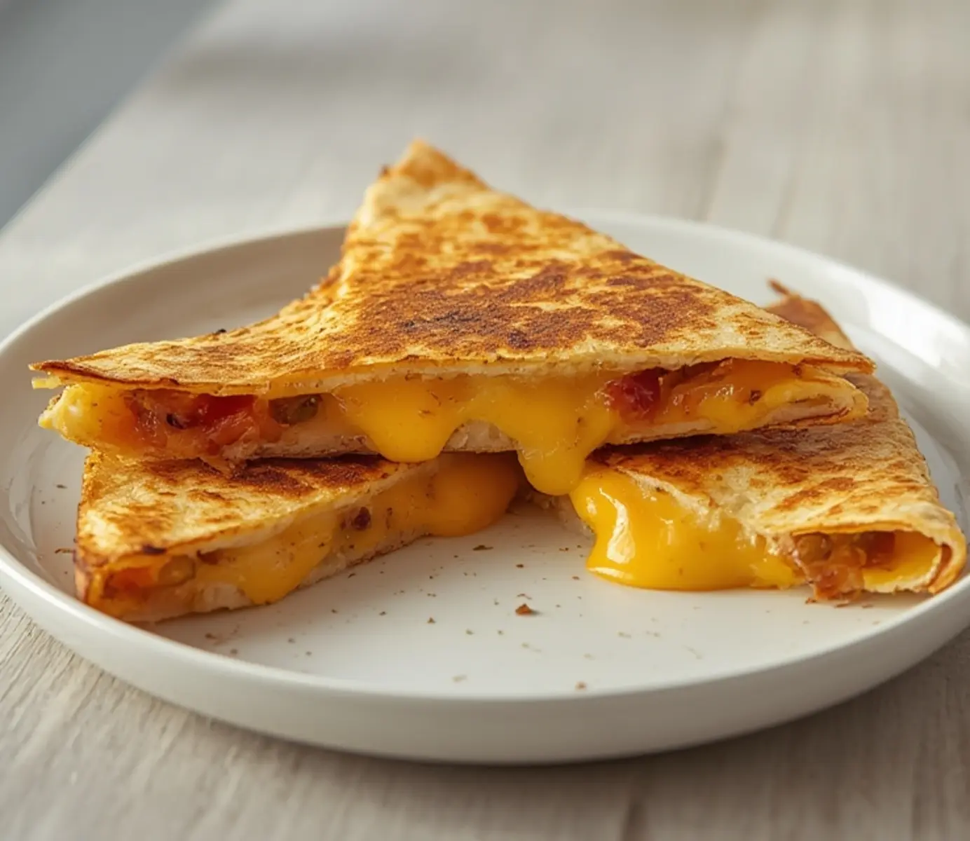 air fryer cheese quesadilla: Golden crispy air fryer cheese quesadilla with melted cheese oozing from the cross-section.