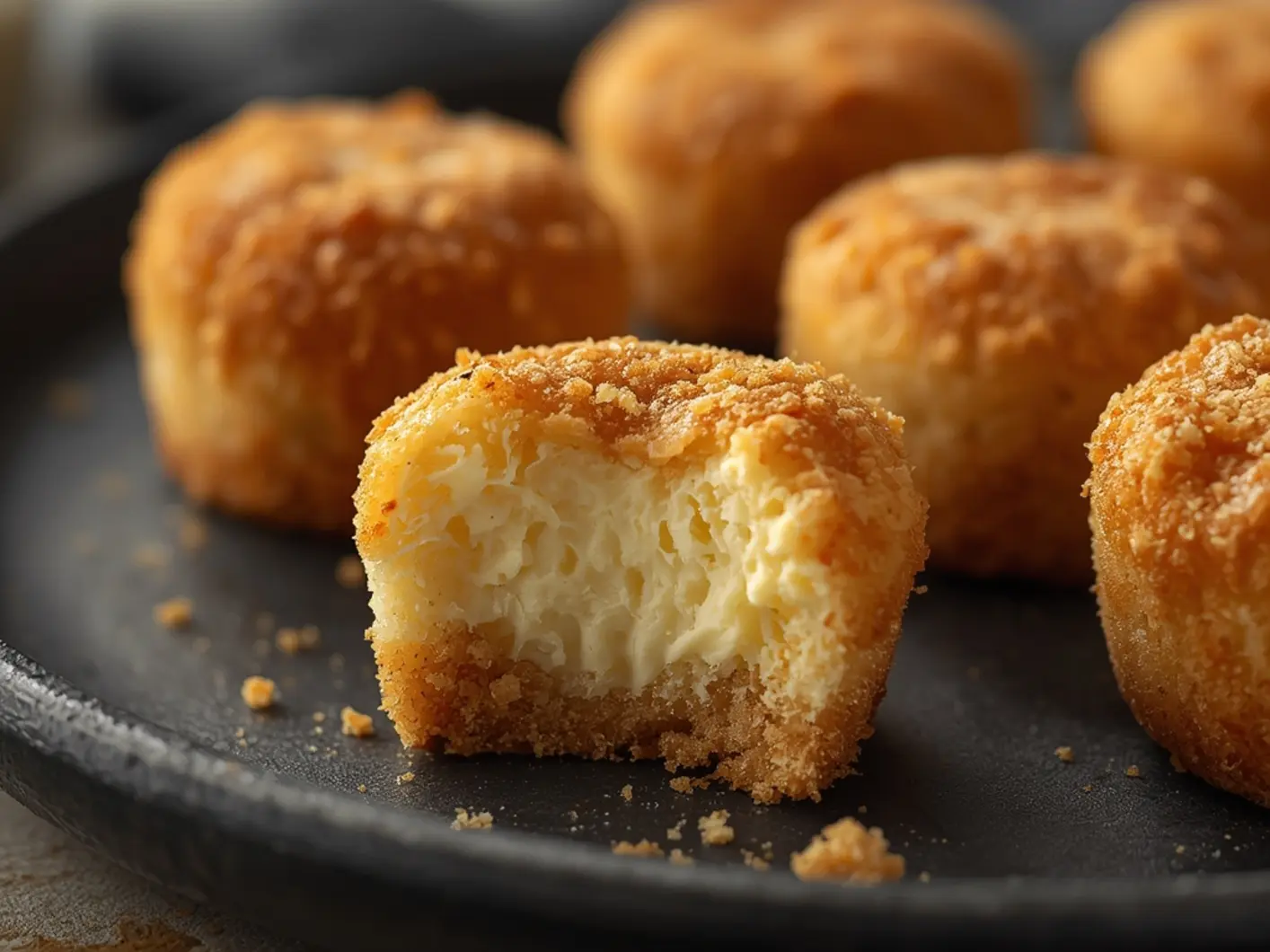 Air Fryer Cheesecake bites: Golden cheesecake bites with creamy interior and graham cracker topping on a plate, ideal for Air Fryer Cheesecake Bites.