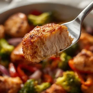 Air Fryer Chicken and Vegetables: Juicy air fryer chicken and roasted vegetables in a basket, golden brown with crispy edges and vibrant colors.