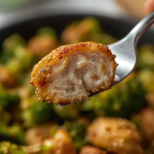 Air Fryer Chicken Bites and Broccoli: Crispy golden chicken bites and bright green broccoli florets in an air fryer basket, steaming slightly.