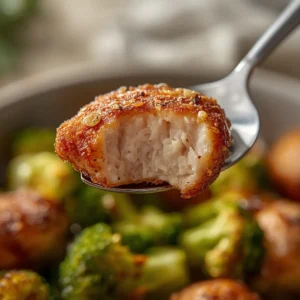 Air Fryer Chicken Bites and Broccoli: Juicy golden chicken bites and bright green roasted broccoli in an air fryer basket with crispy edges.