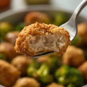 Air Fryer Chicken Bites and Broccoli: Crispy golden chicken bites and bright green broccoli florets in an air fryer basket, steaming slightly.