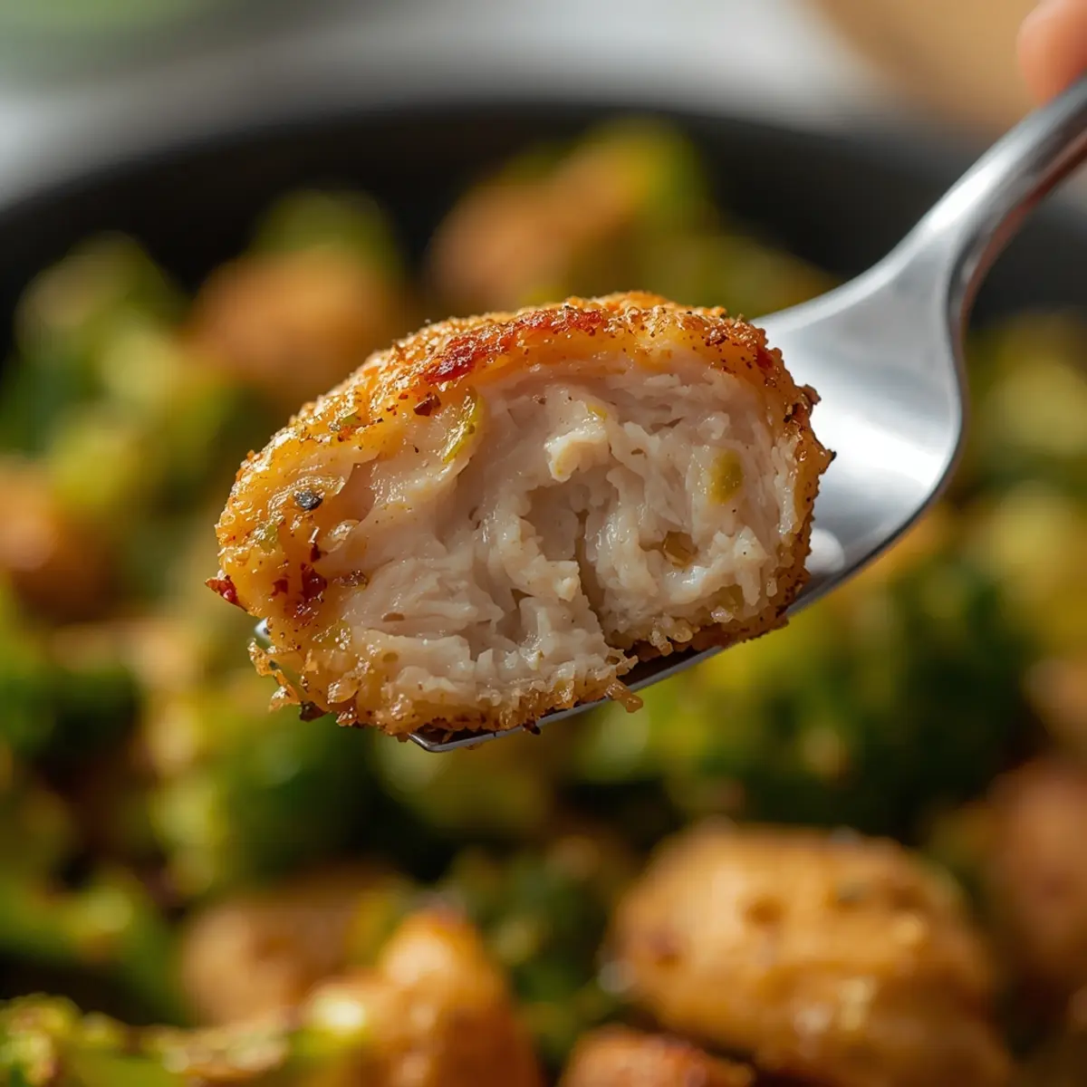 Air Fryer Chicken Bites and Broccoli: Crispy golden chicken bites and bright green broccoli florets in an air fryer basket, steaming slightly.