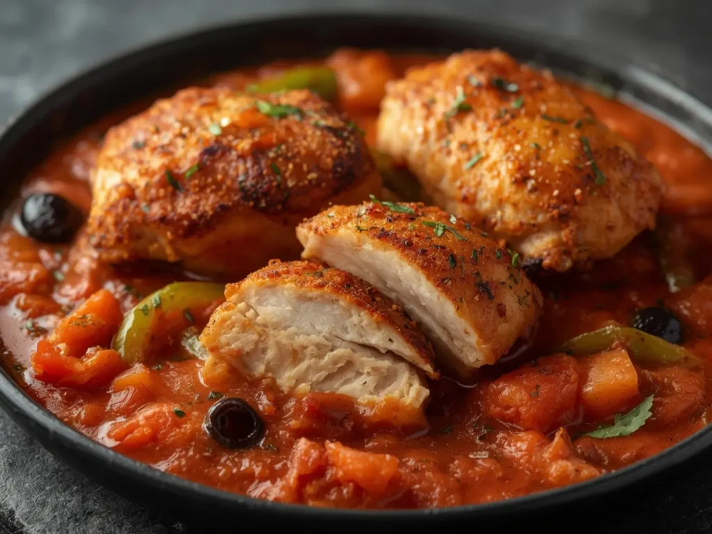 Air Fryer Chicken cacciatore: Juicy air fryer chicken cacciatore with crispy skin in a rich tomato sauce with olives and peppers.