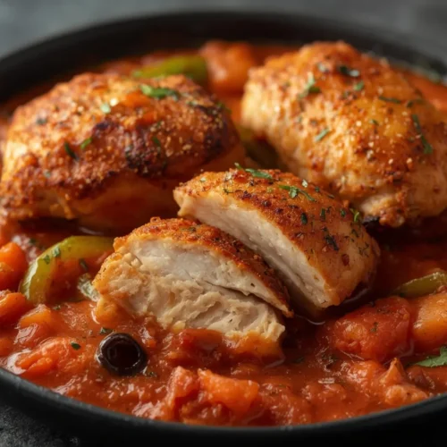 Air Fryer Chicken cacciatore: Juicy air fryer chicken cacciatore with crispy skin in a rich tomato sauce with olives and peppers.