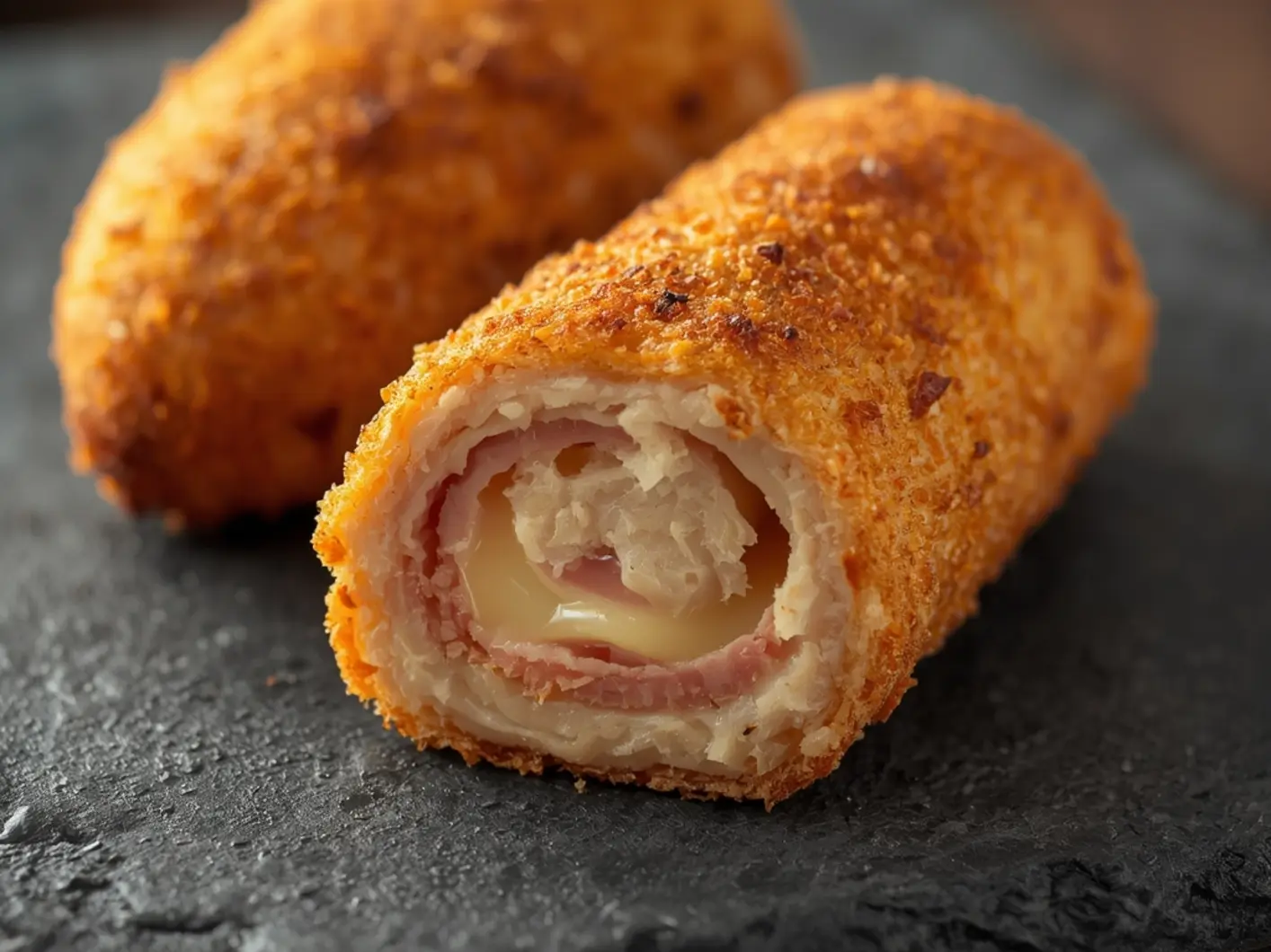 Air Fryer Chicken cordon bleu: Golden crispy air fryer chicken cordon bleu sliced to show melted cheese and ham layers.