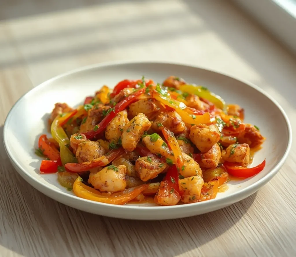 air fryer chicken fajitas: Crispy golden chicken fajita strips and colorful peppers sizzling in an air fryer basket.