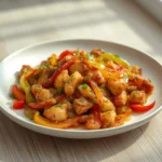 air fryer chicken fajitas: Crispy golden chicken fajita strips and colorful peppers sizzling in an air fryer basket.