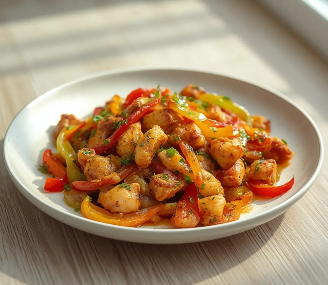 air fryer chicken fajitas: Crispy golden chicken fajita strips and colorful peppers sizzling in an air fryer basket.