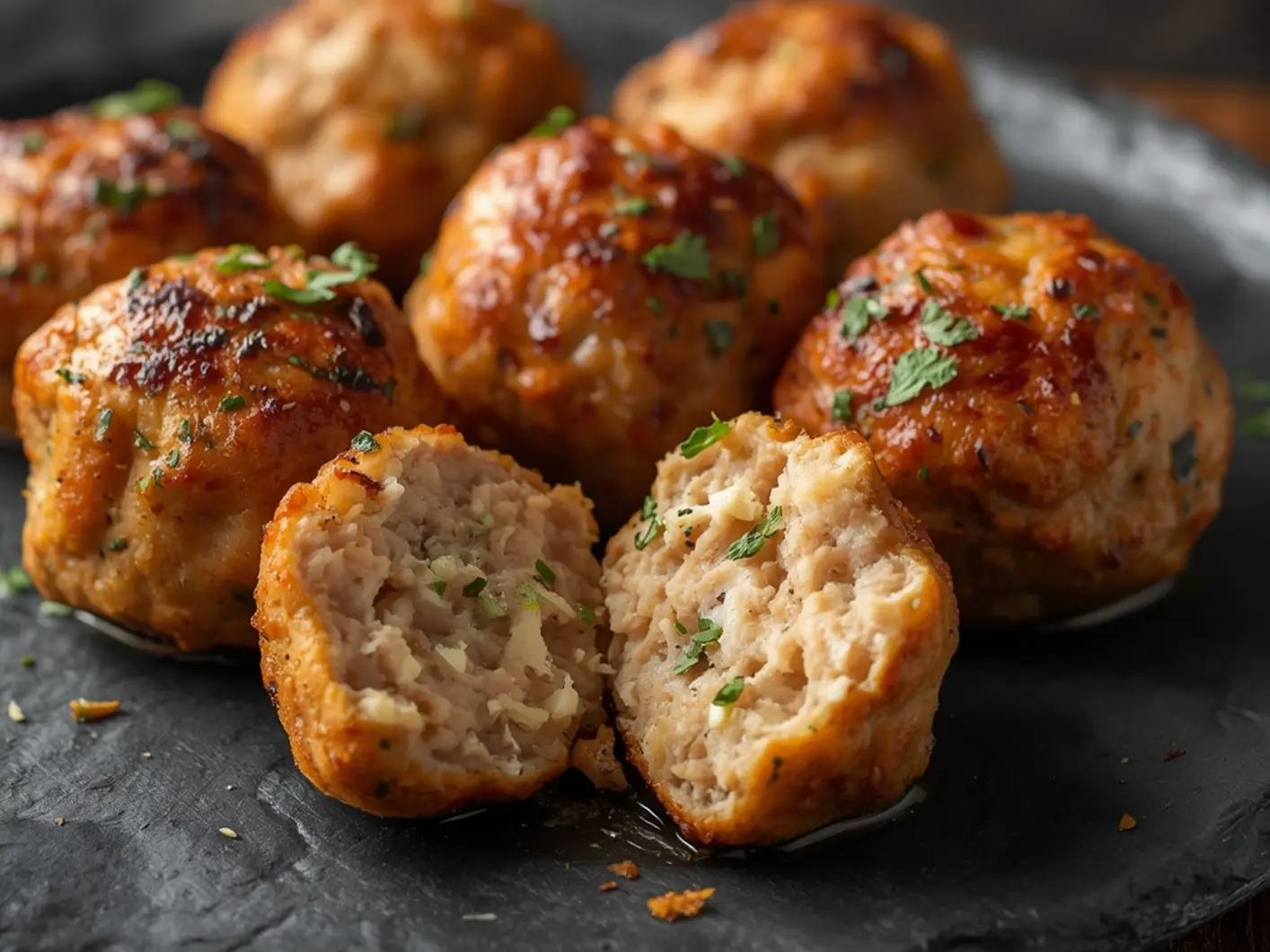 Air Fryer Chicken meatballs: Juicy golden chicken meatballs in air fryer basket, perfectly crisped and seasoned.