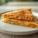 air fryer chicken quesadilla: Golden crispy air fryer chicken quesadilla with melted cheese and shredded chicken filling