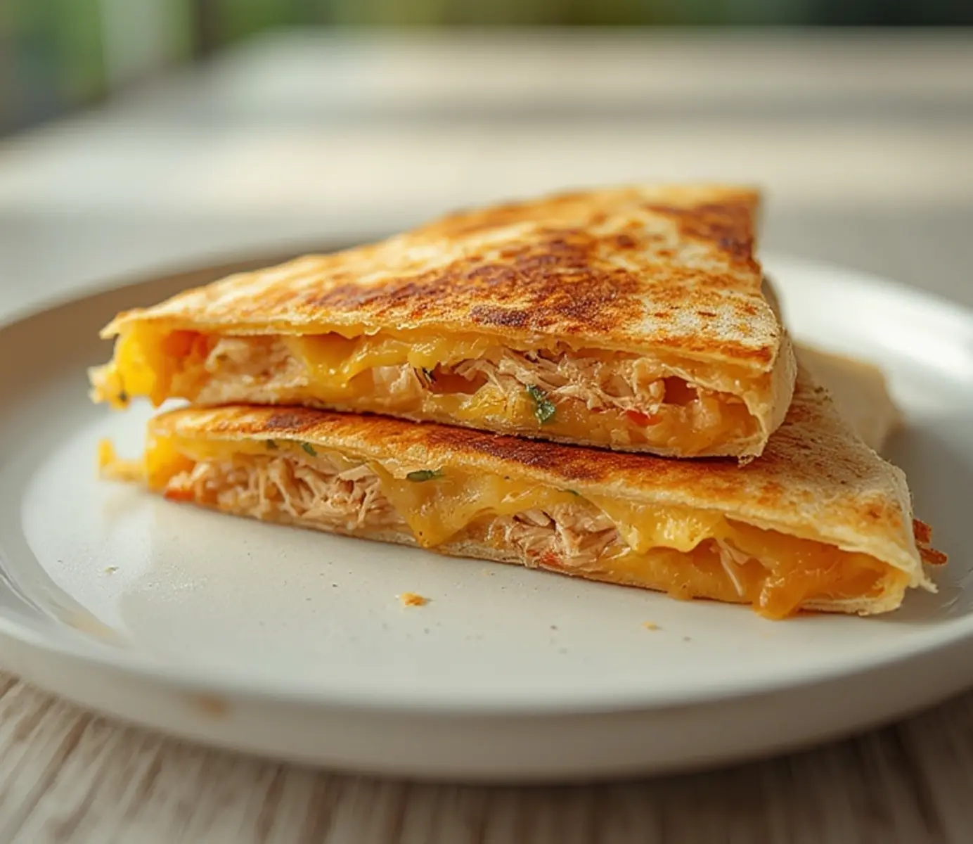 air fryer chicken quesadilla: Golden crispy air fryer chicken quesadilla with melted cheese and shredded chicken filling