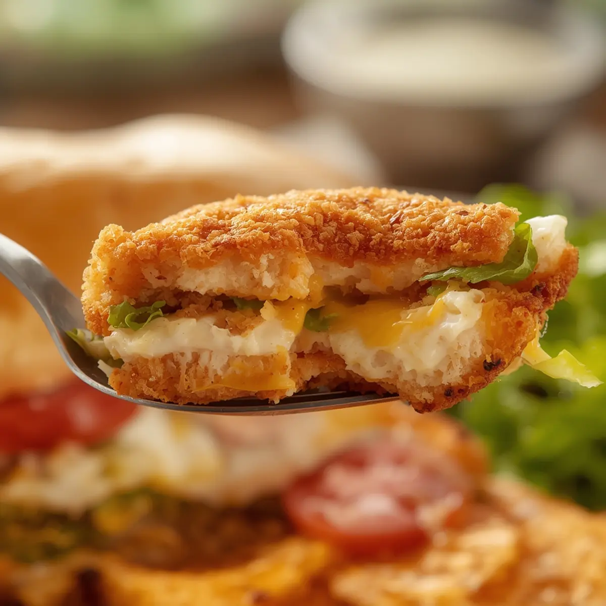 Air Fryer Chicken Sandwich: Crispy golden air fryer chicken sandwich with melted cheese and fresh toppings on a soft bun.