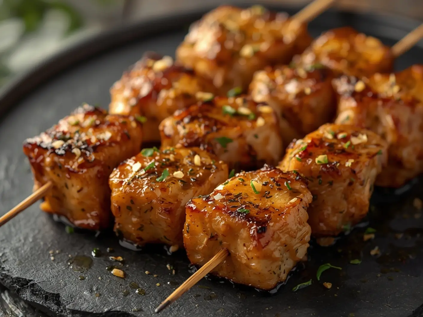 Air Fryer Chicken souvlaki: Golden brown chicken souvlaki skewers with oregano and lemon in air fryer basket