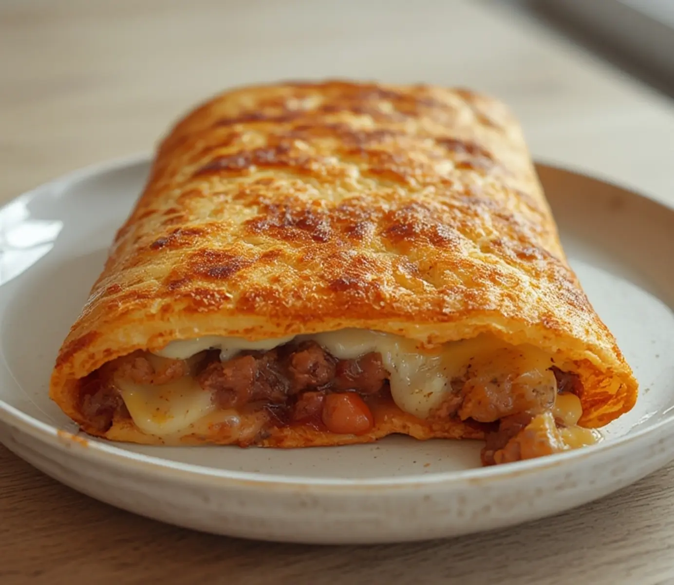 air fryer chimichanga crispy: Golden crispy air fryer chimichanga with melted cheese filling on a plate.