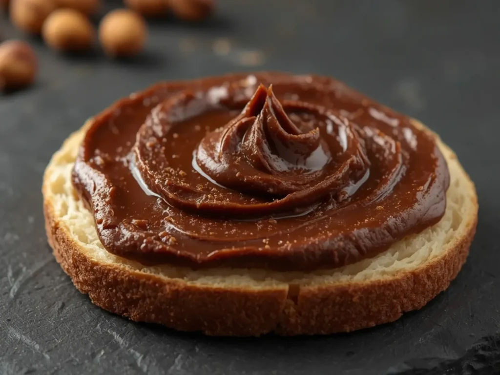 Air Fryer Choco-hazelnut spread: Creamy homemade chocolate hazelnut spread in a glass jar with a spoon showing the smooth texture, perfect for Air Fryer Baking & Sweets
