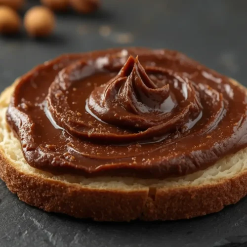 Air Fryer Choco-hazelnut spread: Creamy homemade chocolate hazelnut spread in a glass jar with a spoon showing the smooth texture, perfect for Air Fryer Baking & Sweets