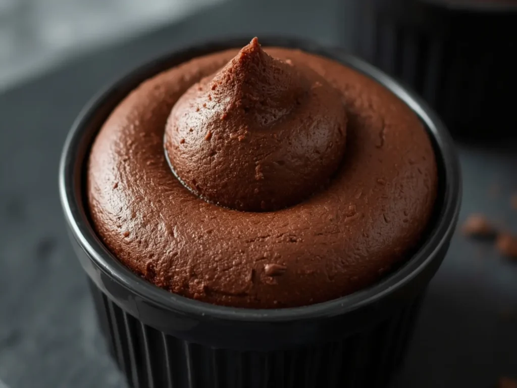 Air Fryer Chocolate mousse: Silky air fryer chocolate mousse in a ramekin with a glossy, dark brown surface and creamy texture.