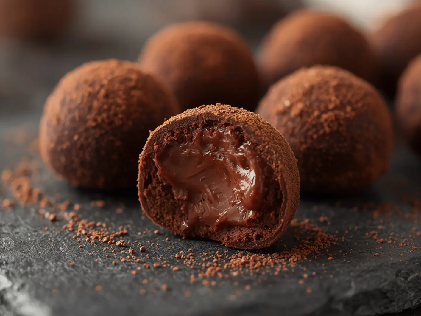 Air Fryer Chocolate truffles: Dark chocolate truffles dusted with cocoa powder sitting on a plate, showcasing a smooth matte surface and rich brown color.