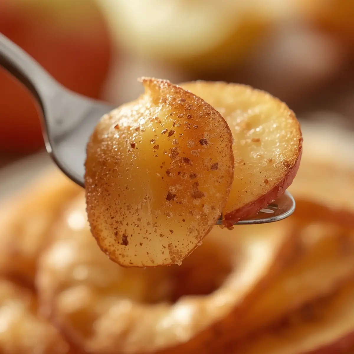 Air Fryer Cinnamon Apple Chips: Crispy golden air fryer cinnamon apple chips with cinnamon specks on a light surface.